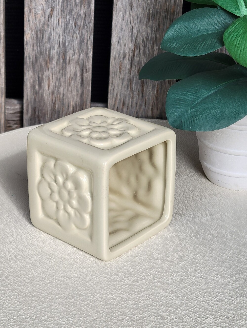 Embossed Floral Ivory Square Ceramic Container - Picture 2 of 6